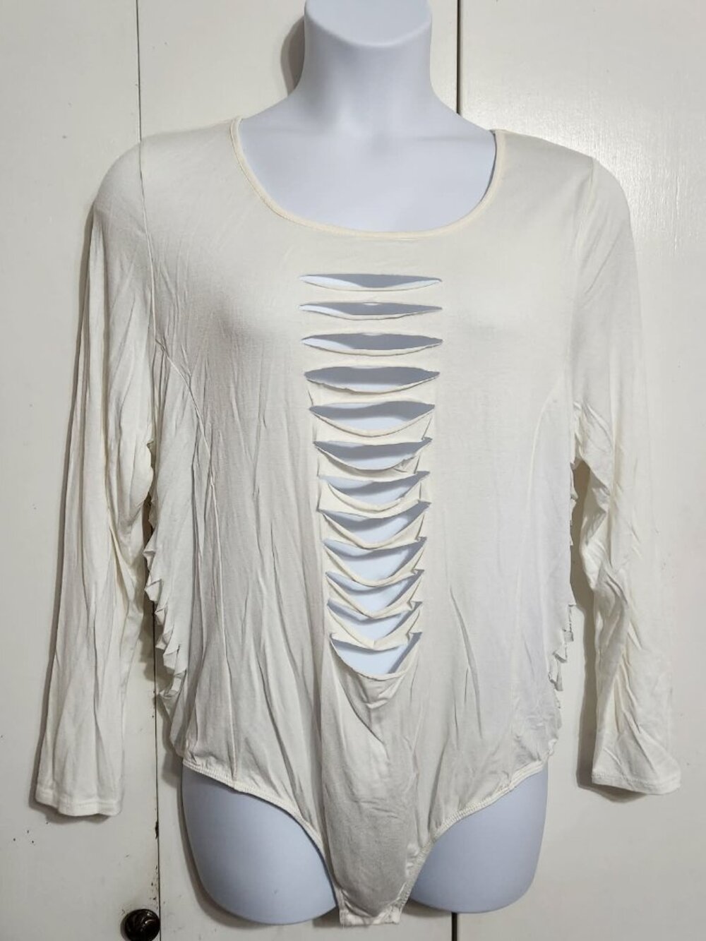 Dice Womens 3X Bodysuit Cream Cutout Ladder Shredded Grunge Goth Long Sleeve NWT